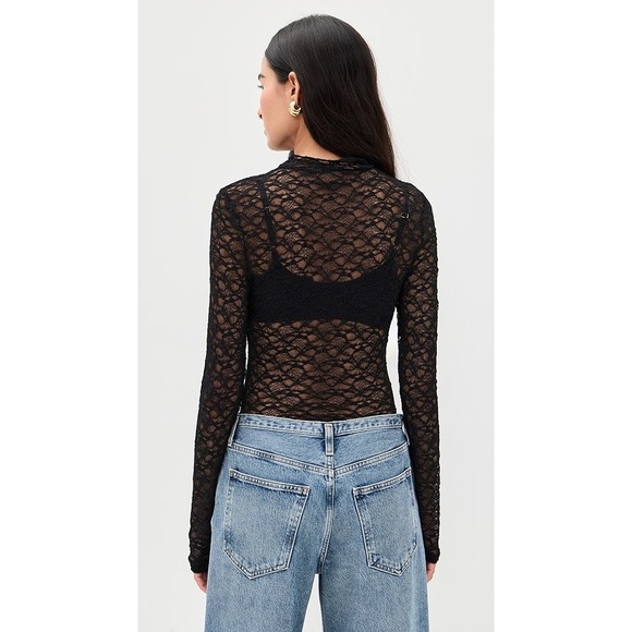 Reformation Nell Knit Top Black Sheer Lace Mock Neck Long Sleeve Top XS - Picture 2 of 8
